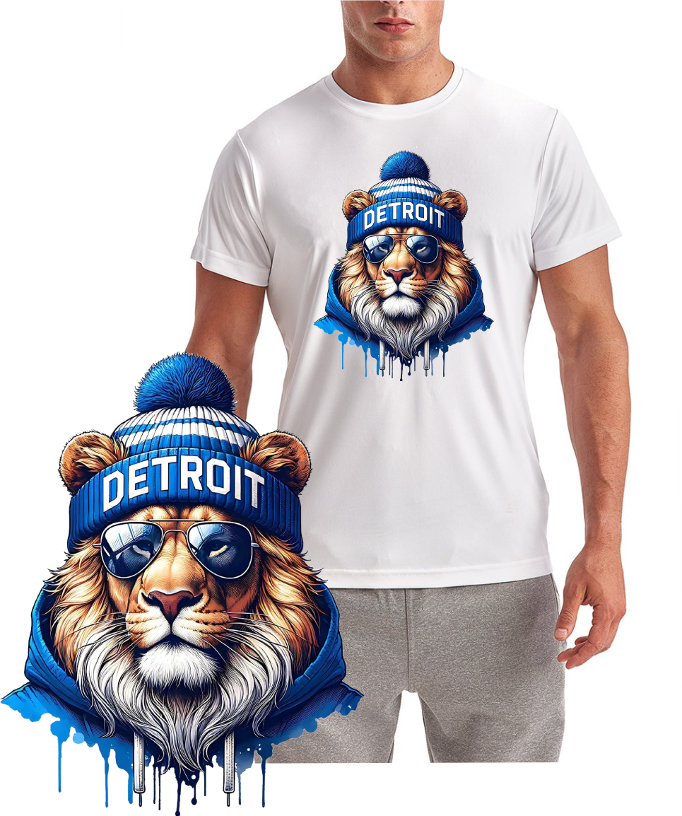 Lion Head with Detroit Knit Hat Short Sleeve T-Shirt