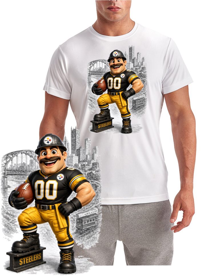 Steelers B&W Background Football Mascot Short Sleeve T-Shirt