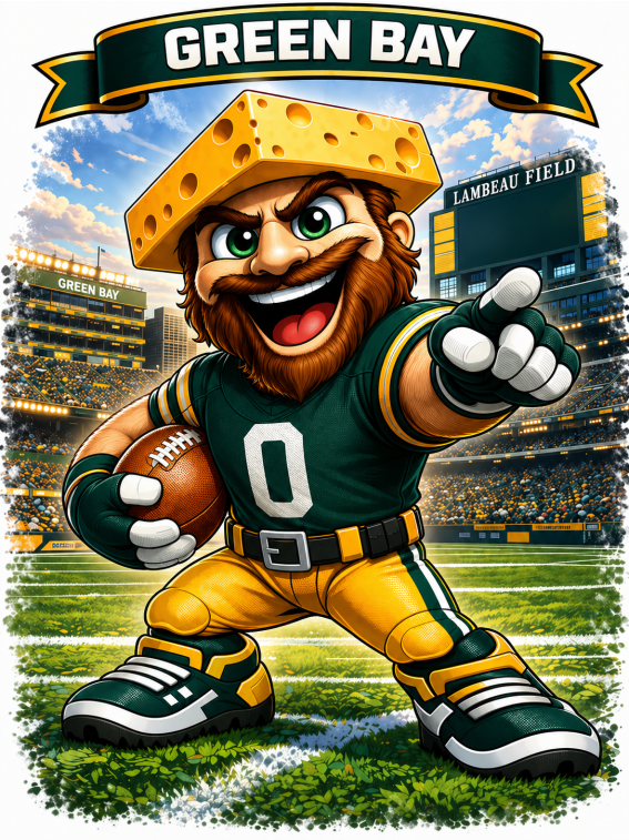 Green Bay Mascot on the Field Cheese Head Short Sleeve T-Shirt