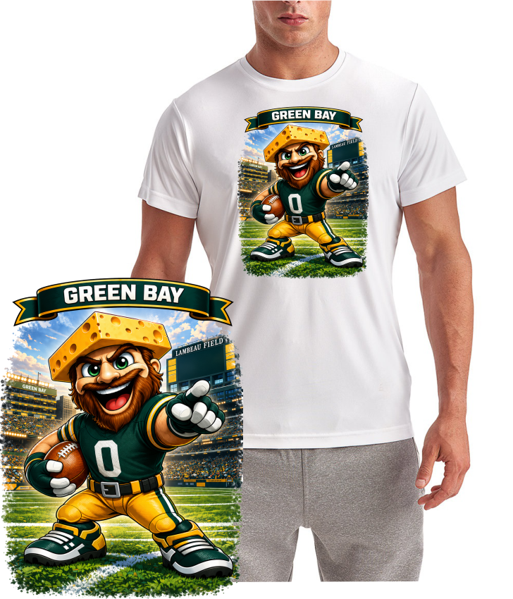 Green Bay Mascot on the Field Cheese Head Short Sleeve T-Shirt