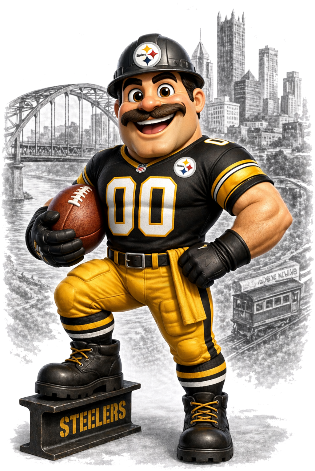Steelers B&W Background Football Mascot Short Sleeve T-Shirt
